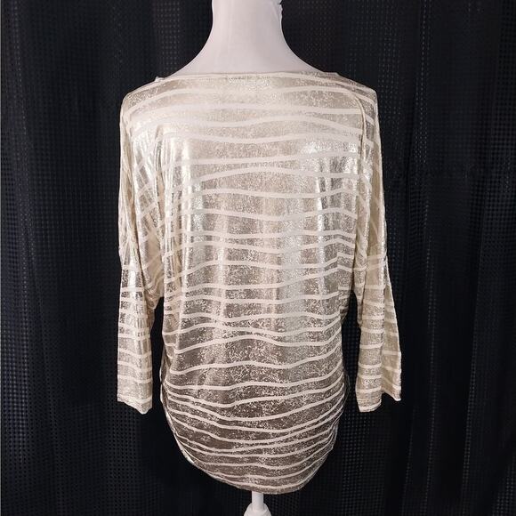 NWOT! CHICO'S! GOLD METALLIC & CREAM ABSTRACT STRIPE OVERSIZED TUNIC TOP! SZ S - Picture 7 of 13